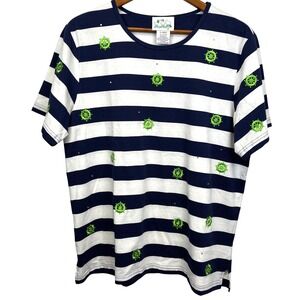 The Quacker Factory Navy White Striped Nautical Ship Wheel Rhinestone T Shirt XL